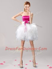 Customized Pink And White Sleeveless Tulle Lace Up Prom Gown for Prom and Party