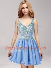 Mini Length Blue Evening Dress Straps Sleeveless Criss Cross