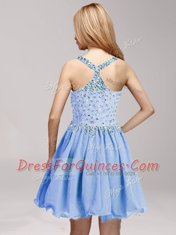 Mini Length Blue Evening Dress Straps Sleeveless Criss Cross