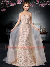 Peach Strapless Lace Up Lace and Belt Prom Gown Brush Train Sleeveless