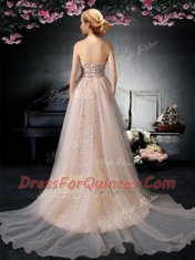 Peach Strapless Lace Up Lace and Belt Prom Gown Brush Train Sleeveless