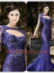 Exquisite With Train Mermaid Long Sleeves Purple Prom Evening Gown Brush Train Zipper