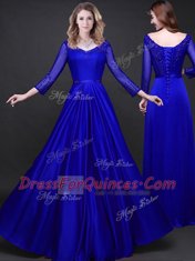 Sexy Floor Length Royal Blue Homecoming Dress V-neck Long Sleeves Lace Up