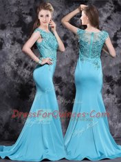 Fabulous Brush Train Mermaid Prom Gown Aqua Blue Scoop Satin Cap Sleeves With Train Zipper