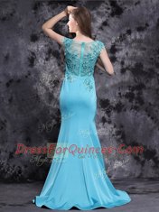 Fabulous Brush Train Mermaid Prom Gown Aqua Blue Scoop Satin Cap Sleeves With Train Zipper