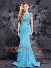 Fabulous Brush Train Mermaid Prom Gown Aqua Blue Scoop Satin Cap Sleeves With Train Zipper