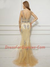 Best Mermaid Scoop Beading Prom Dress Gold Backless Cap Sleeves With Brush Train