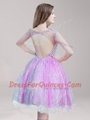Beauteous Scoop Lace Beading Prom Evening Gown Lilac Backless Sleeveless Knee Length