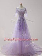 Clearance Scoop Half Sleeves Tulle With Brush Train Zipper Homecoming Dress in Lavender with Appliques