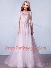 Pink A-line Tulle Scoop Sleeveless Appliques and Hand Made Flower With Train Zipper Brush Train