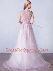 Pink A-line Tulle Scoop Sleeveless Appliques and Hand Made Flower With Train Zipper Brush Train