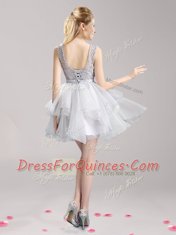 Flirting Scoop Mini Length Grey Prom Dresses Organza Sleeveless Lace and Ruffles and Bowknot