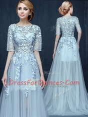Light Blue Empire Scoop Half Sleeves Tulle With Brush Train Zipper Appliques Prom Dresses