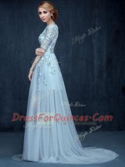 Light Blue Empire Scoop Half Sleeves Tulle With Brush Train Zipper Appliques Prom Dresses