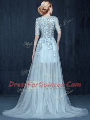 Light Blue Empire Scoop Half Sleeves Tulle With Brush Train Zipper Appliques Prom Dresses