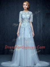 Light Blue Empire Scoop Half Sleeves Tulle With Brush Train Zipper Appliques Prom Dresses