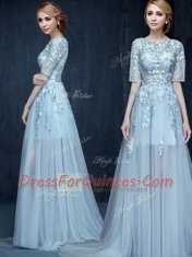 Light Blue Empire Scoop Half Sleeves Tulle With Brush Train Zipper Appliques Prom Dresses