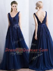 Navy Blue V-neck Backless Appliques and Belt Prom Evening Gown Brush Train Sleeveless