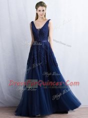 Navy Blue V-neck Backless Appliques and Belt Prom Evening Gown Brush Train Sleeveless