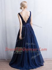 Navy Blue V-neck Backless Appliques and Belt Prom Evening Gown Brush Train Sleeveless