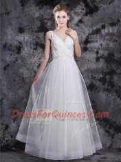 Low Price White V-neck Zipper Beading and Appliques Prom Party Dress Sleeveless