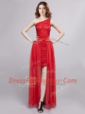 One Shoulder Red Tulle and Lace Zipper Prom Dress Sleeveless Floor Length Lace and Bowknot