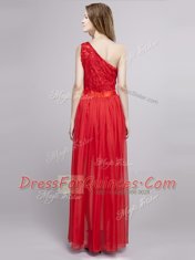 One Shoulder Red Tulle and Lace Zipper Prom Dress Sleeveless Floor Length Lace and Bowknot