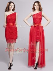 One Shoulder Red Tulle and Lace Zipper Prom Dress Sleeveless Floor Length Lace and Bowknot