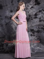 Sweet Sleeveless Chiffon Floor Length Side Zipper Homecoming Dress in Baby Pink with Appliques and Bowknot