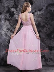 Sweet Sleeveless Chiffon Floor Length Side Zipper Homecoming Dress in Baby Pink with Appliques and Bowknot