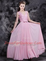 Sweet Sleeveless Chiffon Floor Length Side Zipper Homecoming Dress in Baby Pink with Appliques and Bowknot