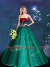 Flirting Dark Green Lace Up Strapless Appliques Sweet 16 Quinceanera Dress Satin and Tulle Sleeveless