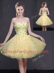 Light Yellow Organza Lace Up Sweetheart Sleeveless Mini Length Homecoming Dress Appliques