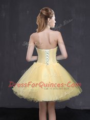 Light Yellow Organza Lace Up Sweetheart Sleeveless Mini Length Homecoming Dress Appliques