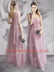 Deluxe One Shoulder Floor Length Lace Up Dress for Prom Lavender for Prom and Party with Ruching and Bowknot and Hand Made Flower