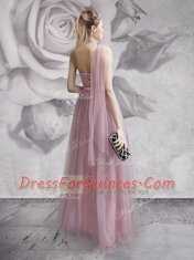 Deluxe One Shoulder Floor Length Lace Up Dress for Prom Lavender for Prom and Party with Ruching and Bowknot and Hand Made Flower