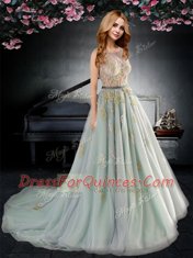 Popular Backless Scoop Sleeveless Prom Dresses With Brush Train Appliques and Bowknot Apple Green Tulle