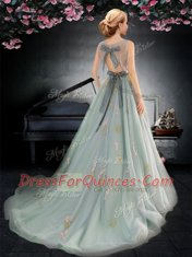 Popular Backless Scoop Sleeveless Prom Dresses With Brush Train Appliques and Bowknot Apple Green Tulle