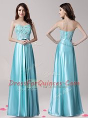 Dynamic Aqua Blue Empire Sweetheart Sleeveless Elastic Woven Satin Floor Length Zipper Beading and Appliques and Bowknot Prom Gown