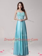 Dynamic Aqua Blue Empire Sweetheart Sleeveless Elastic Woven Satin Floor Length Zipper Beading and Appliques and Bowknot Prom Gown