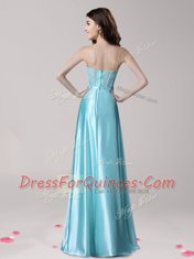 Dynamic Aqua Blue Empire Sweetheart Sleeveless Elastic Woven Satin Floor Length Zipper Beading and Appliques and Bowknot Prom Gown