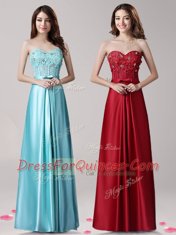 Dynamic Aqua Blue Empire Sweetheart Sleeveless Elastic Woven Satin Floor Length Zipper Beading and Appliques and Bowknot Prom Gown