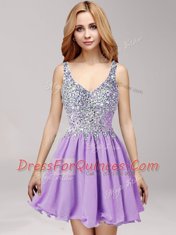 Straps Lavender Sleeveless Mini Length Beading and Ruffles Side Zipper