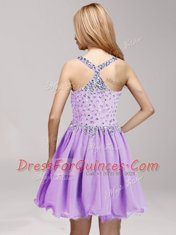 Straps Lavender Sleeveless Mini Length Beading and Ruffles Side Zipper