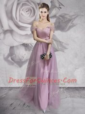 High End Lavender Lace Up Off The Shoulder Lace and Ruching and Bowknot and Hand Made Flower Tulle Sleeveless