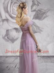 High End Lavender Lace Up Off The Shoulder Lace and Ruching and Bowknot and Hand Made Flower Tulle Sleeveless