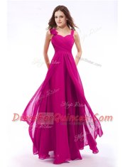 Enchanting Fuchsia Empire Chiffon Straps Sleeveless Hand Made Flower Floor Length Zipper Prom Gown