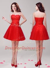 Graceful Beading and Appliques Prom Dresses Red Lace Up Sleeveless Mini Length