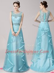 Elegant Scoop Aqua Blue Sleeveless Brush Train Appliques and Ruffles With Train Prom Evening Gown