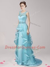 Elegant Scoop Aqua Blue Sleeveless Brush Train Appliques and Ruffles With Train Prom Evening Gown